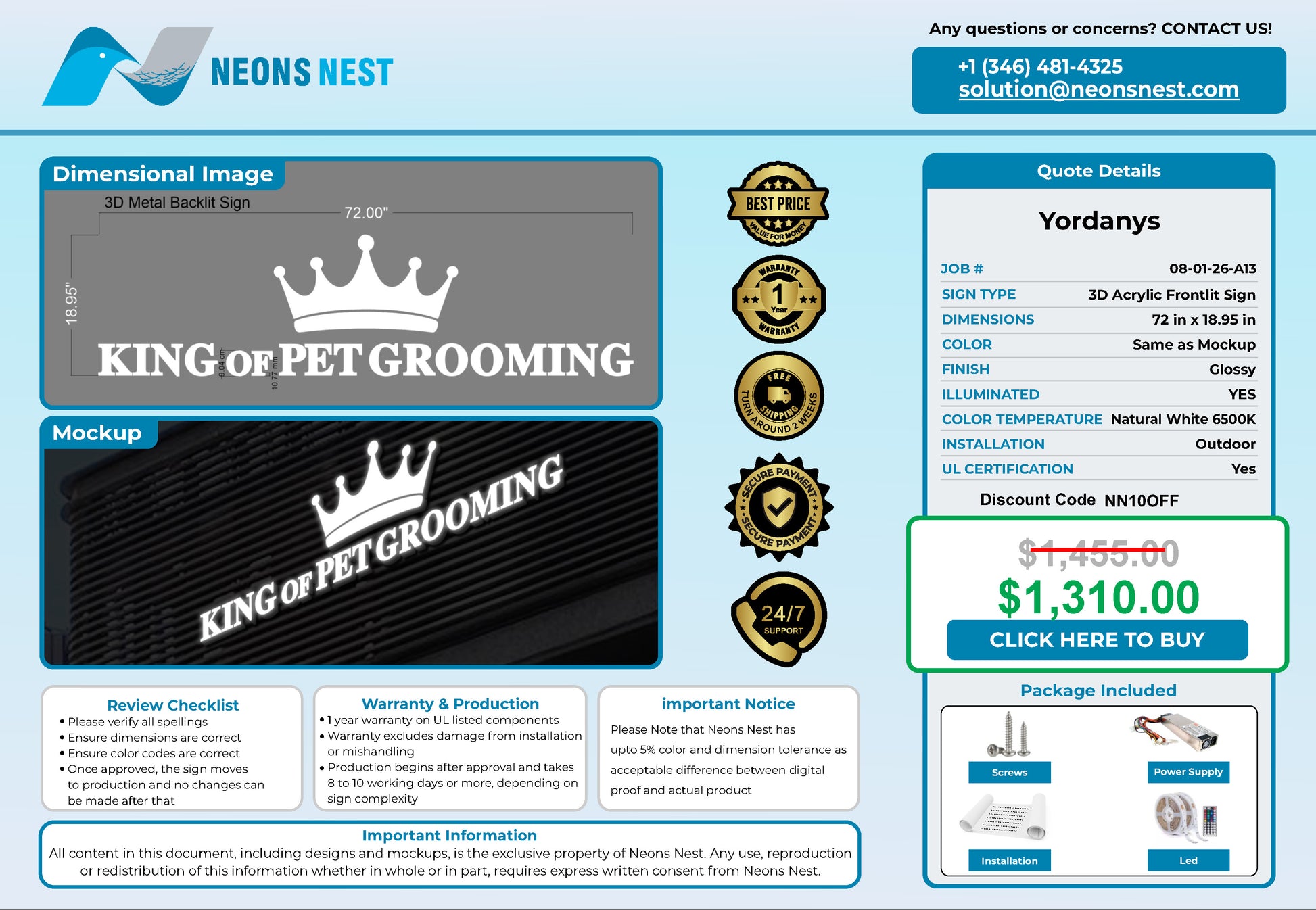 King of pet grooming Frontl-it Sign - Neonsnest.com