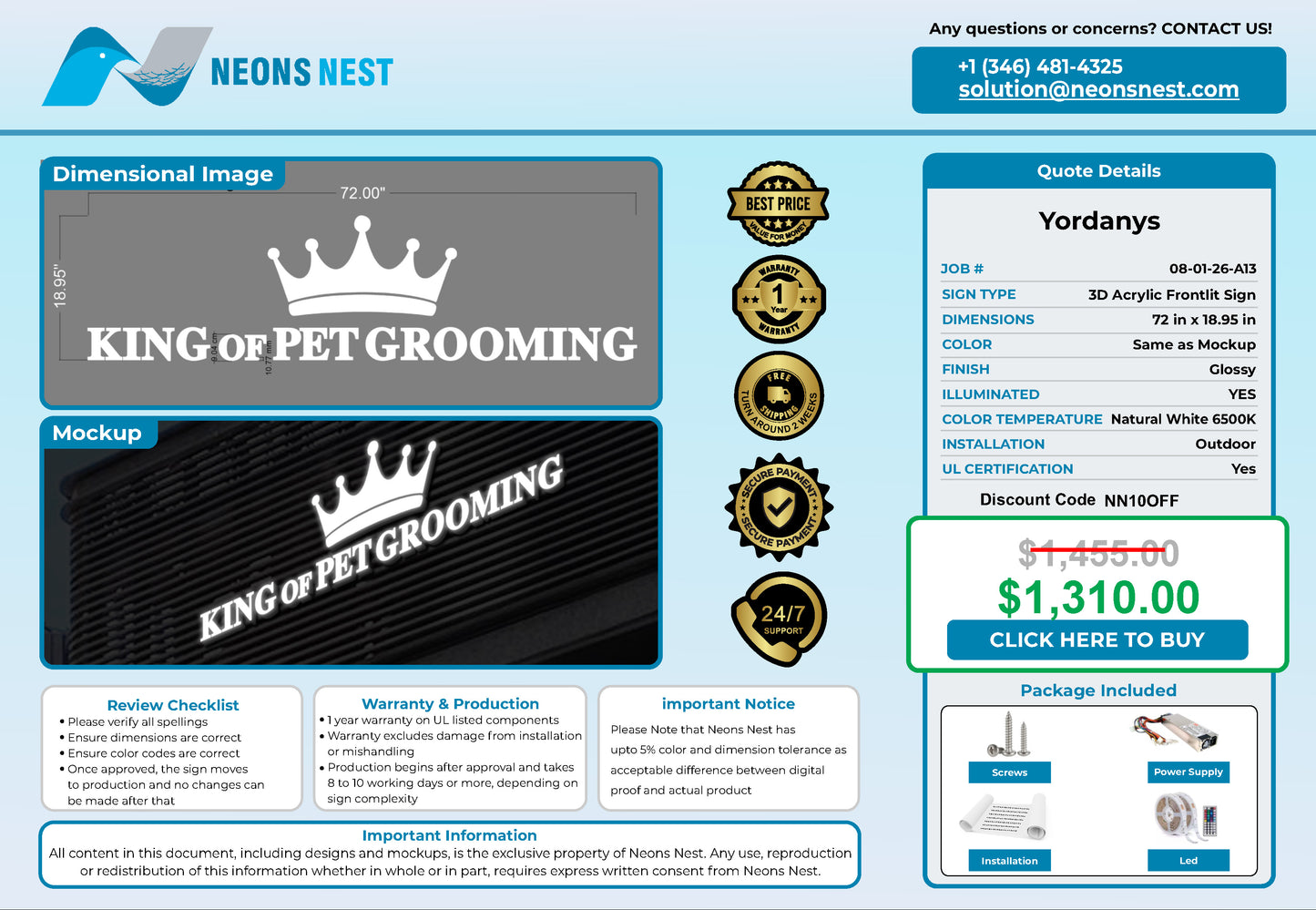 King of pet grooming Frontl-it Sign - Neonsnest.com