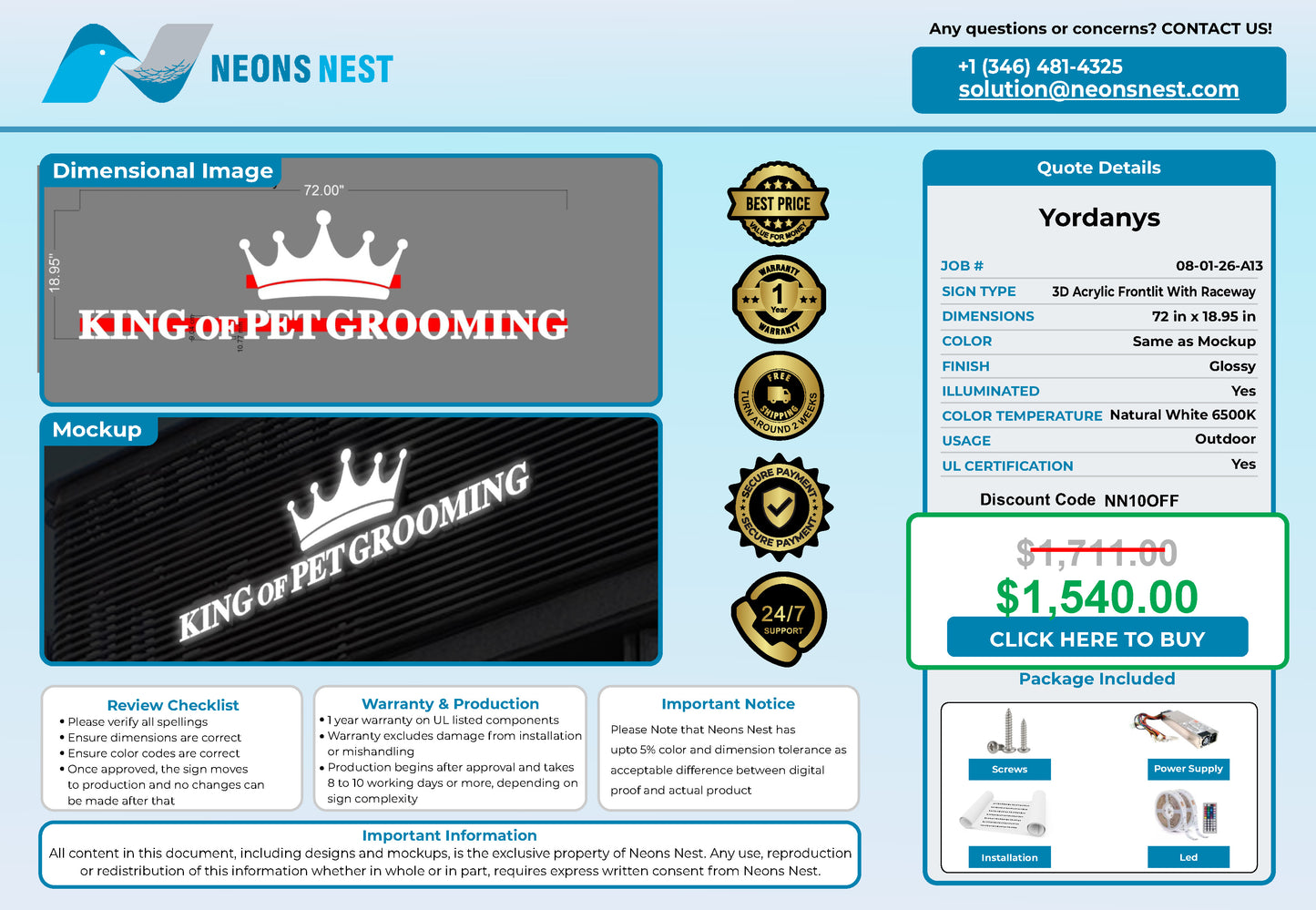 King of pet grooming Frontl-it Sign - Neonsnest.com