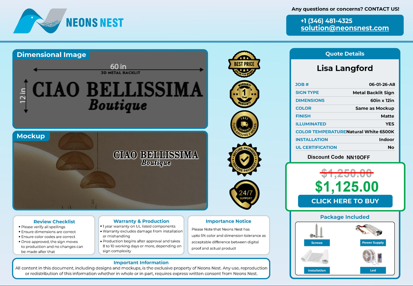 Ciao Bellissima Boutique 3D Metal Back-Lit - Neonsnest.com