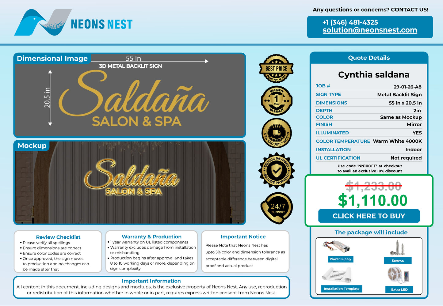 Saldaña Salon & Spa 3D Metal Back-Lit