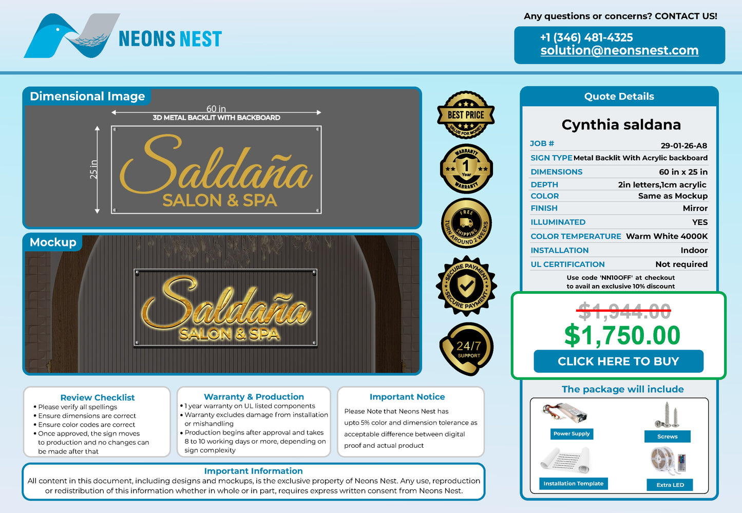 Saldaña Salon & Spa 3D Metal Back-Lit