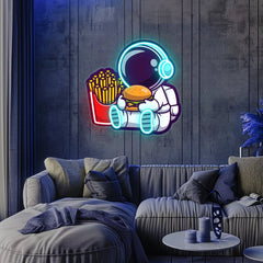 Astronaut Eating Fries & Burger UV Neon Sign