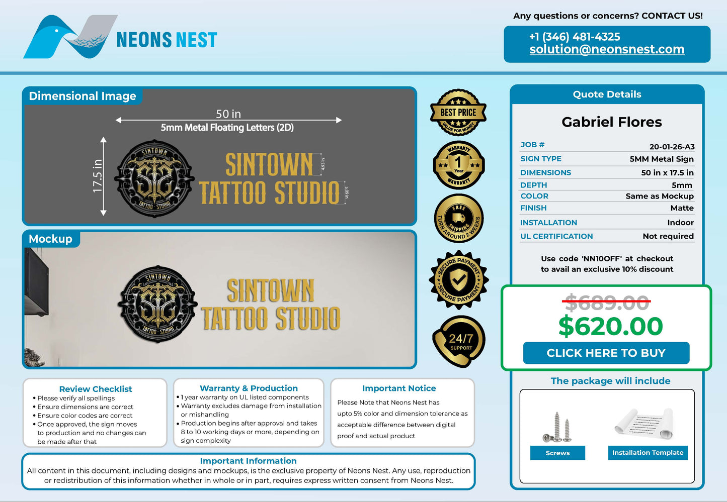 Sintown Tattoo Studio 5mm Metal Sign