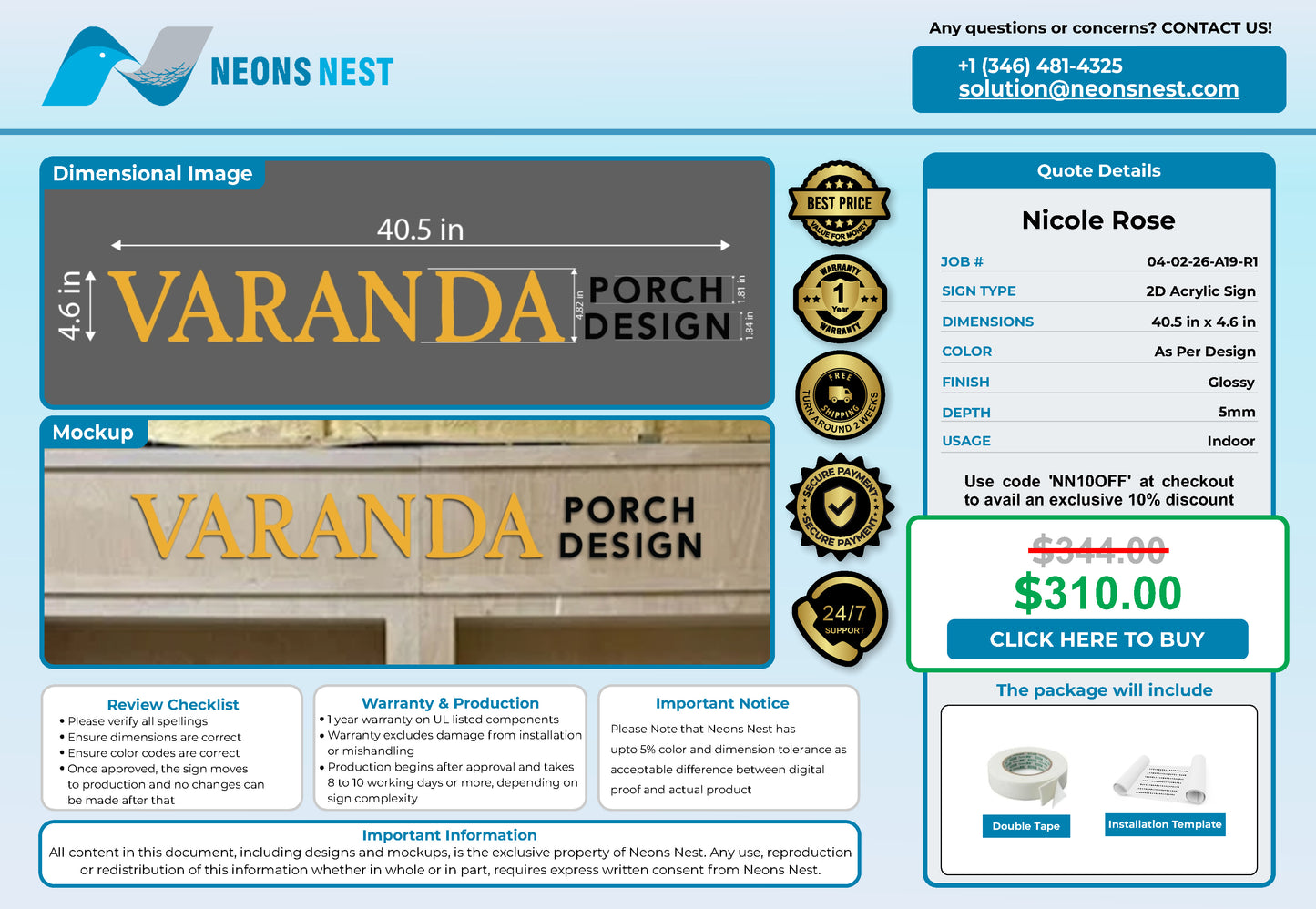 VARANDA Porch Design 2D Acrylic Letters