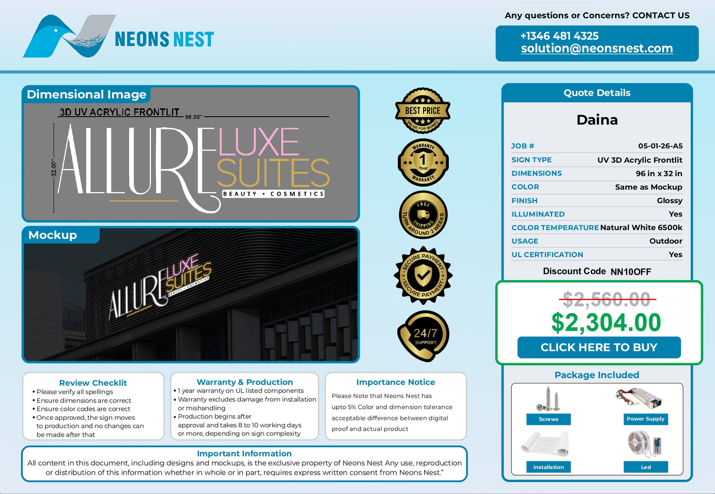 Allure Luxe Suites 3D Front Lit Sign - Neonsnest.com