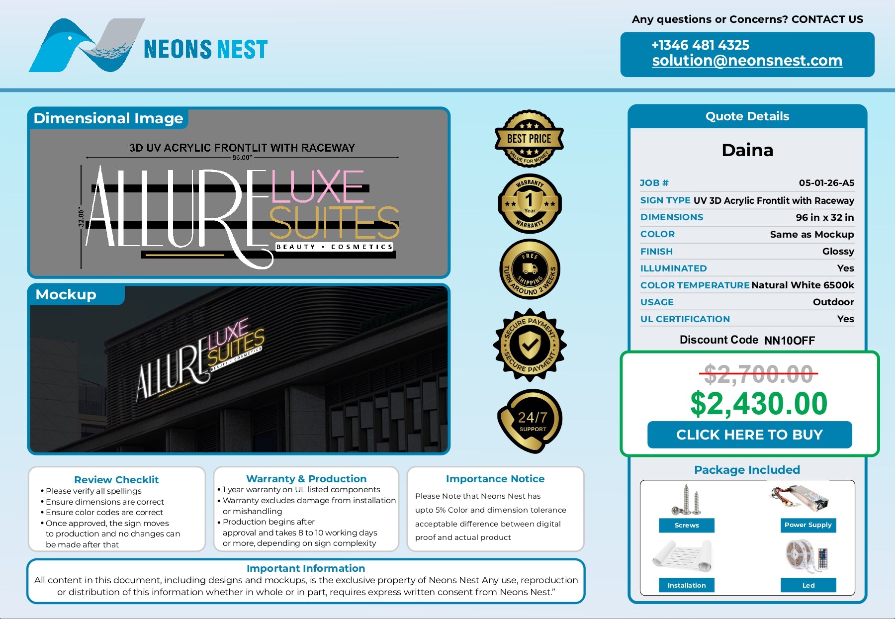 Allure Luxe Suites 3D Front Lit Sign - Neonsnest.com
