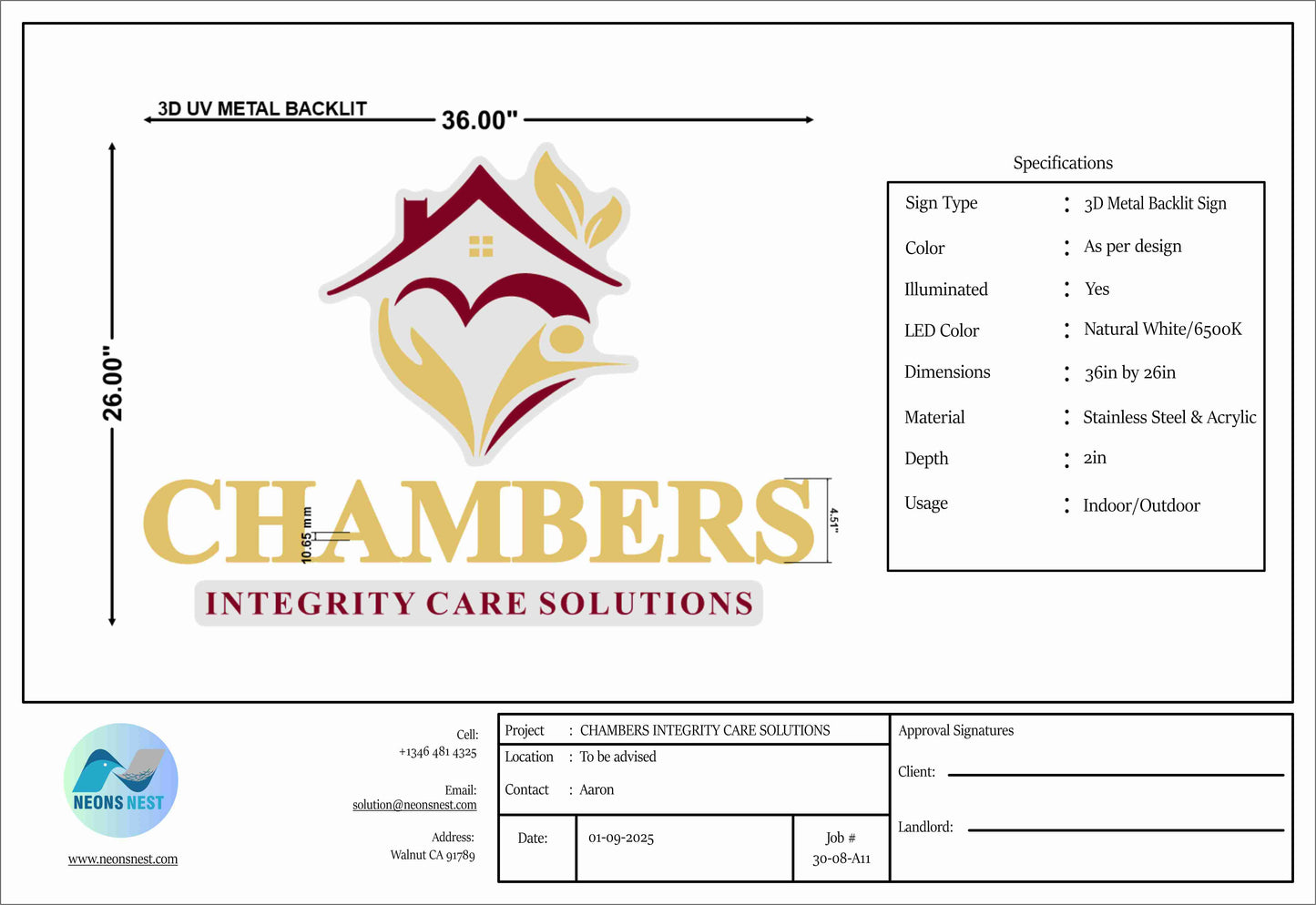 3D Metal Backlit Sign for CHAMBERS INTEGRITY CARE SOLUTIONS