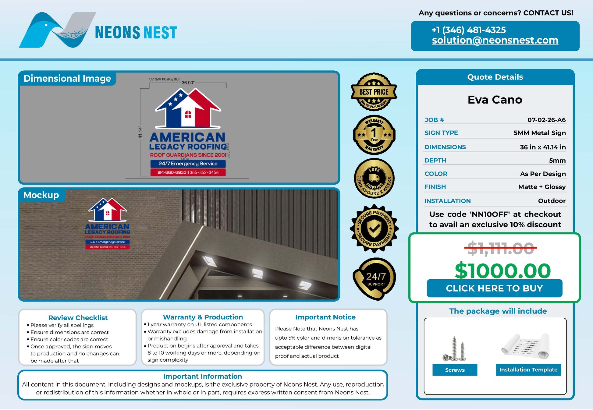 American Legacy Roofing 5MM Floating Metal Sign - Neonsnest.com