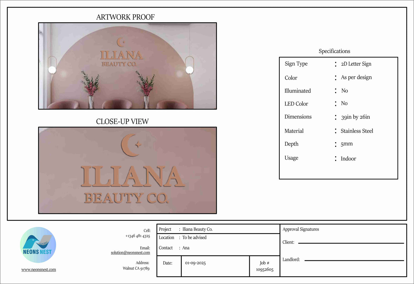 2D Letter Sign For Iliana Beauty Co