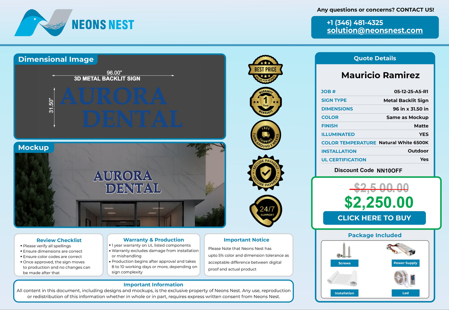 Aurora Dental 3D Metal Backlit Sign