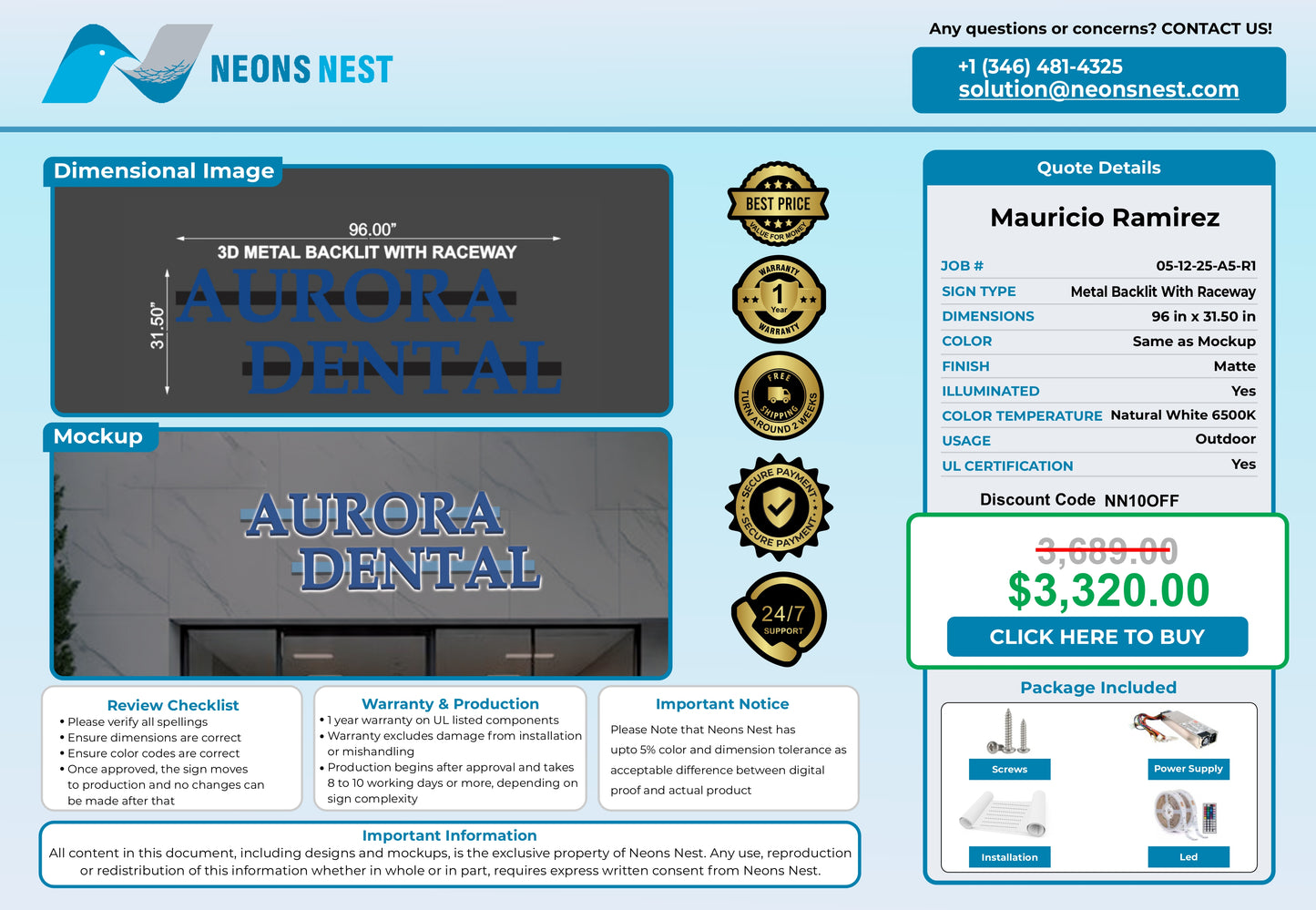 Aurora Dental 3D Metal Backlit Sign