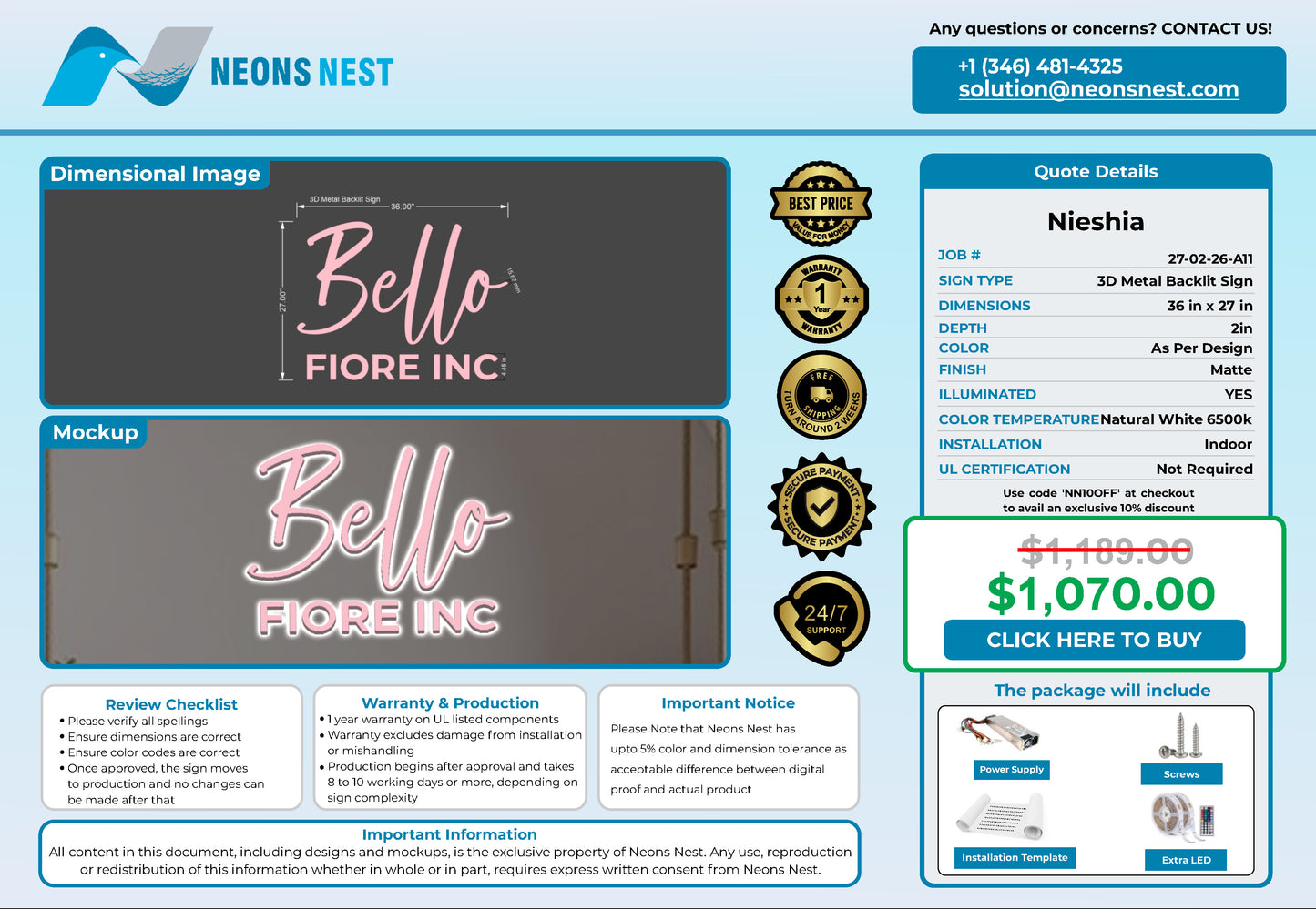 Bello Fiore Inc 3D Metal Back-Lit - Neonsnest.com
