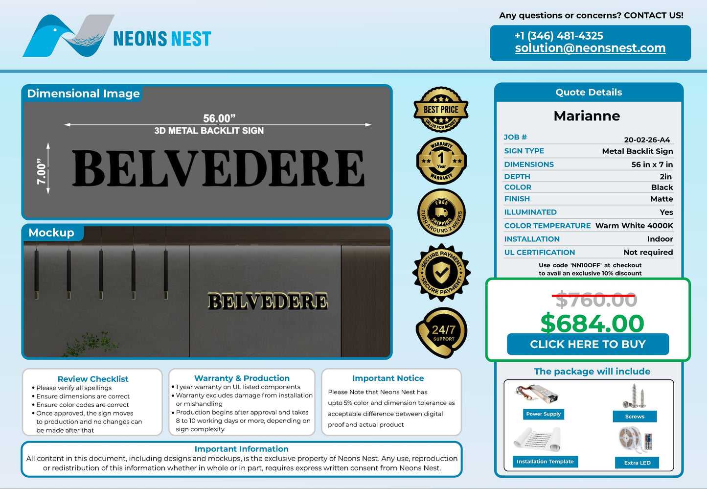 Belvedere 3D Metal Backlit Sign - Neonsnest.com