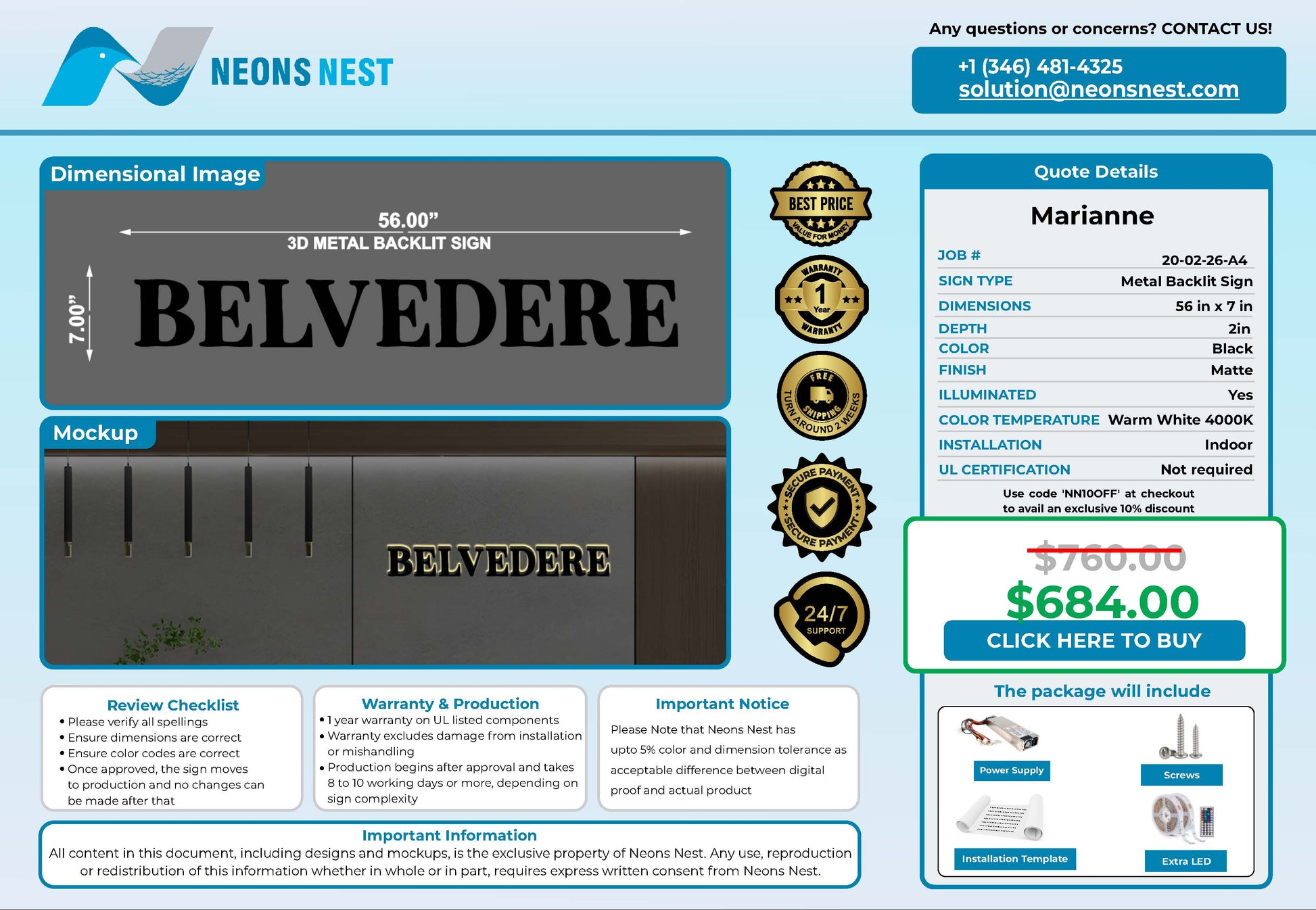 Belvedere 3D Metal Backlit Sign - Neonsnest.com
