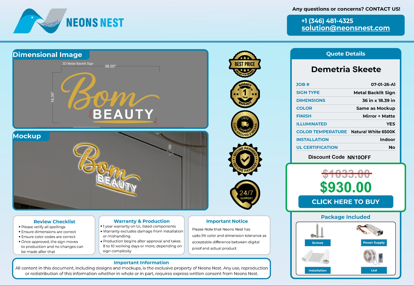 BOM BEAUTY 3D Metal Back-Lit - Neonsnest.com