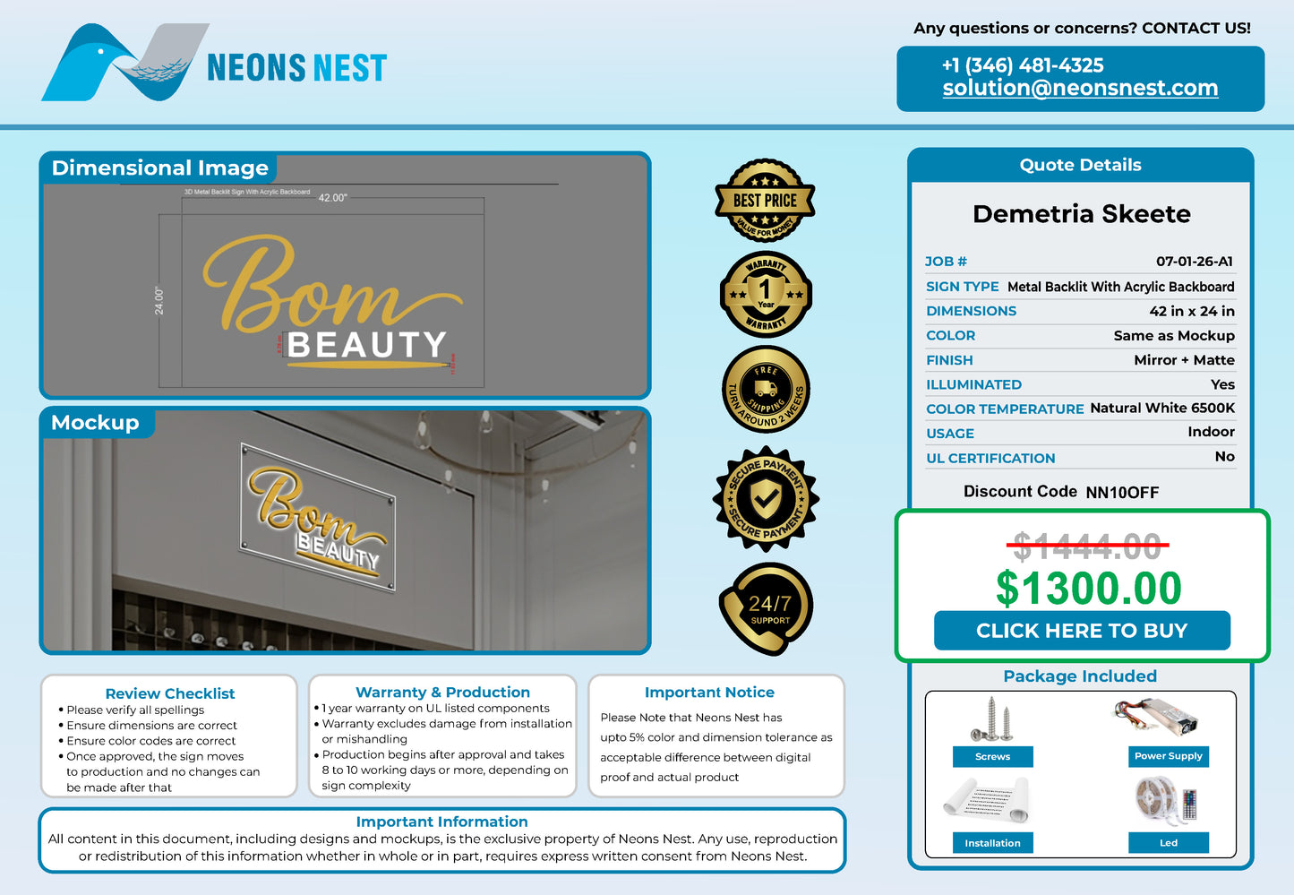 BOM BEAUTY 3D Metal Back-Lit - Neonsnest.com