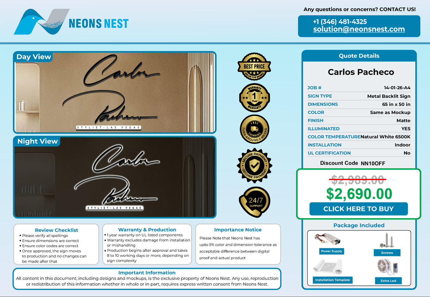 Carlos Pacheco Salon 3D Metal Back-Lit