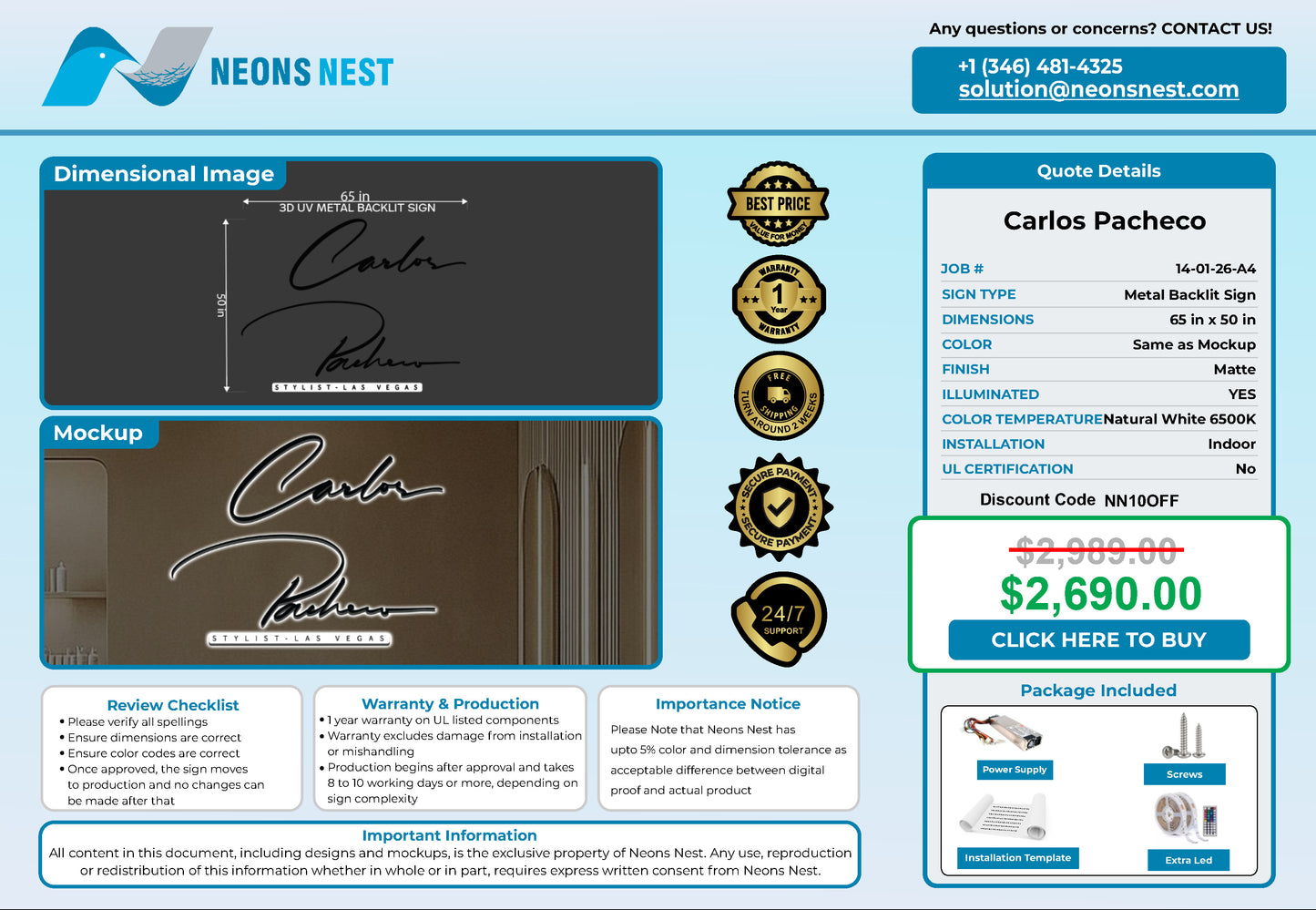 Carlos Pacheco Salon 3D Metal Back-Lit