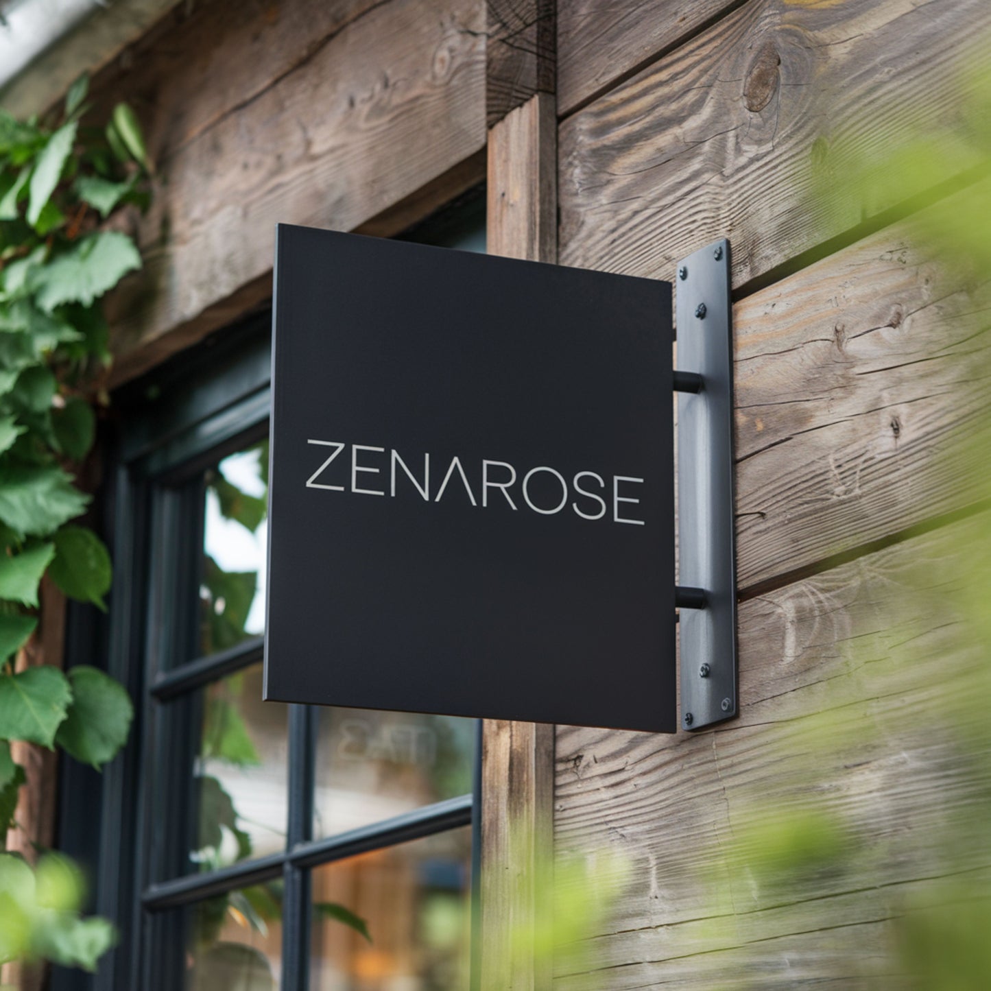 ZENAROSE sign on a wooden wall with greenery