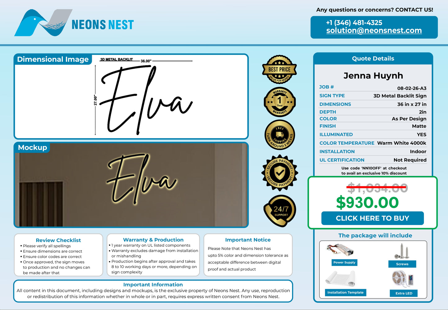 Elva salon 3D Metal Back-Lit - Neonsnest.com