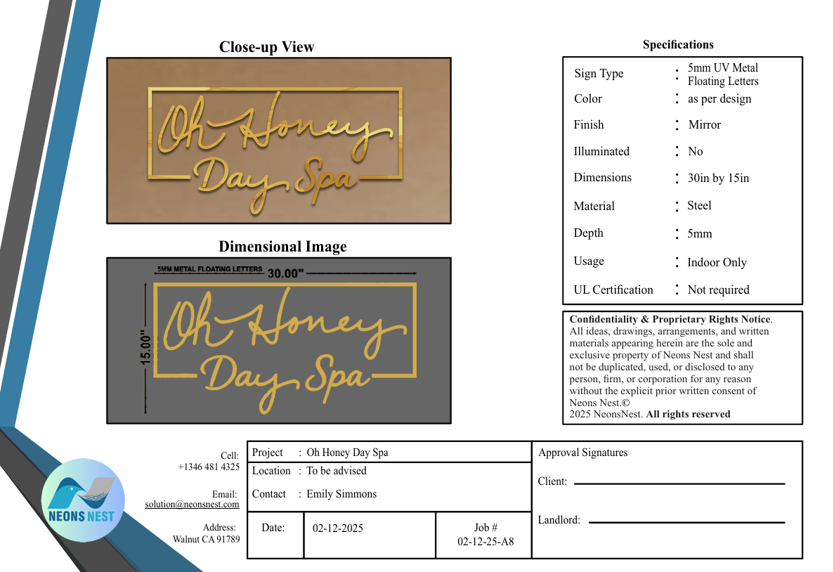 Oh Honey Day Spa metal floating letters - Neonsnest.com