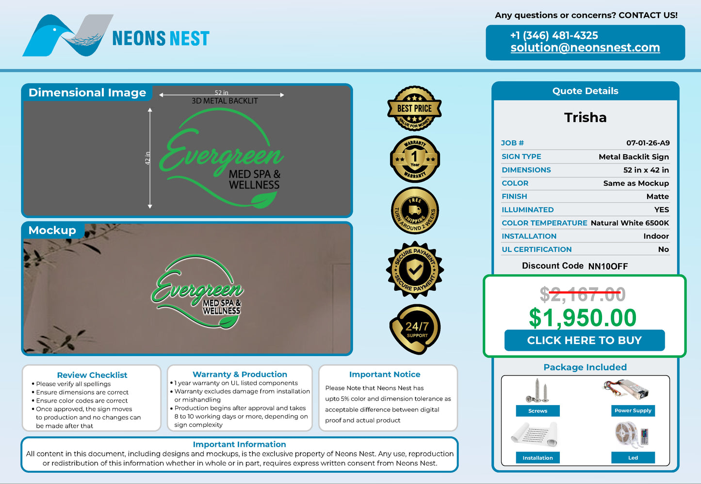 Evergreen Med Spa & Wellness 3D Metal Backlit Sign - Neonsnest.com