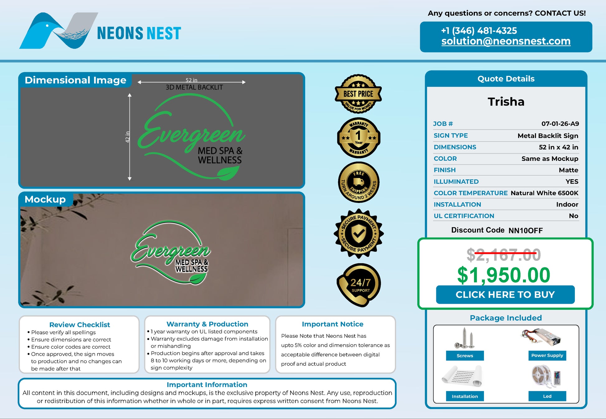 Evergreen Med Spa & Wellness 3D Metal Backlit Sign - Neonsnest.com