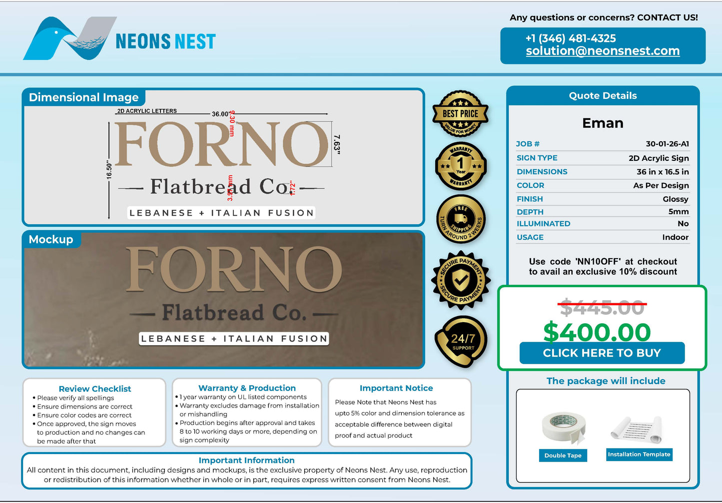 Forno Flatbread Co 2D Acrylic Sign