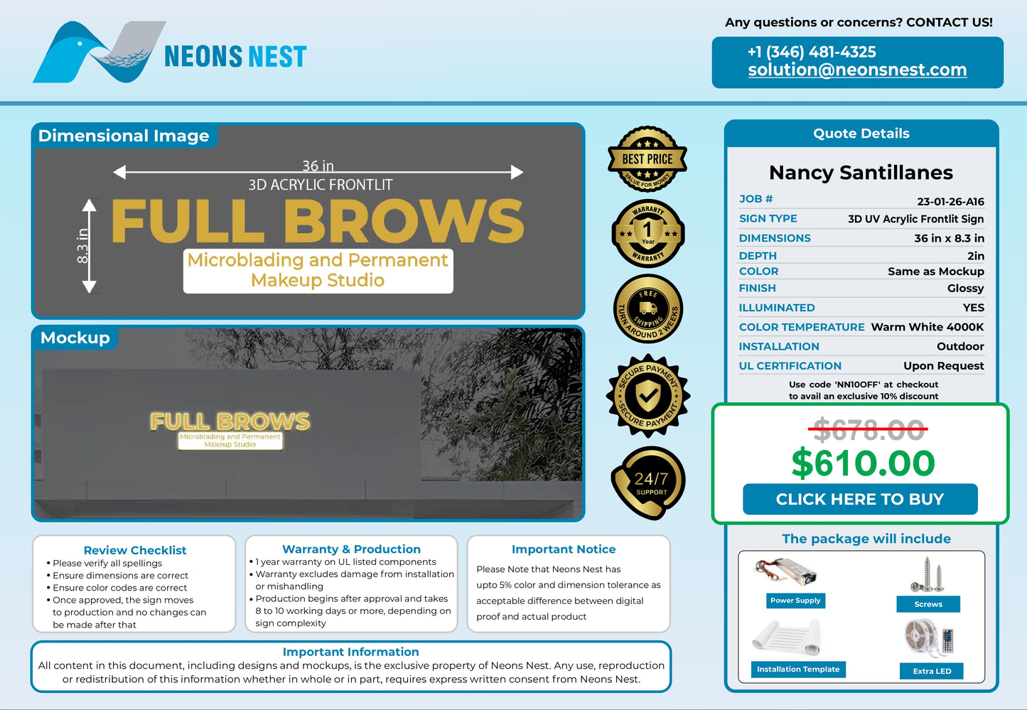 Full Brows- Microblading and Permanent Makeup Studio 3D Front-lit Sign