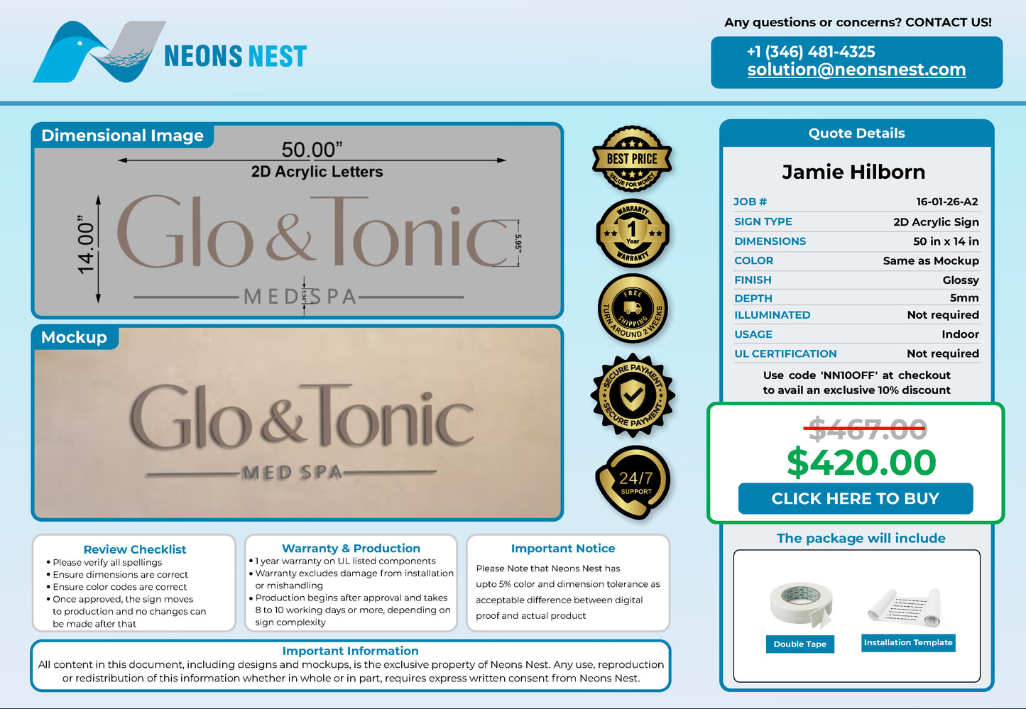 GLO & TONIC Med spa 2D Acrylic Sign