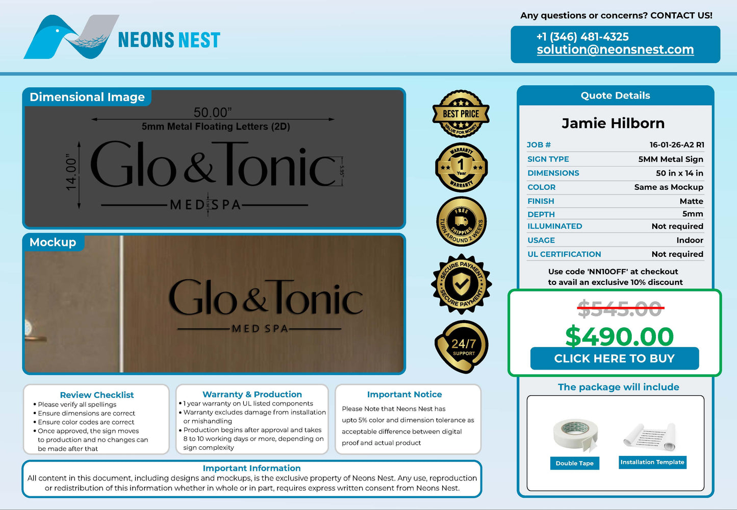 GLO & TONIC Med spa 5mm Metal Sign