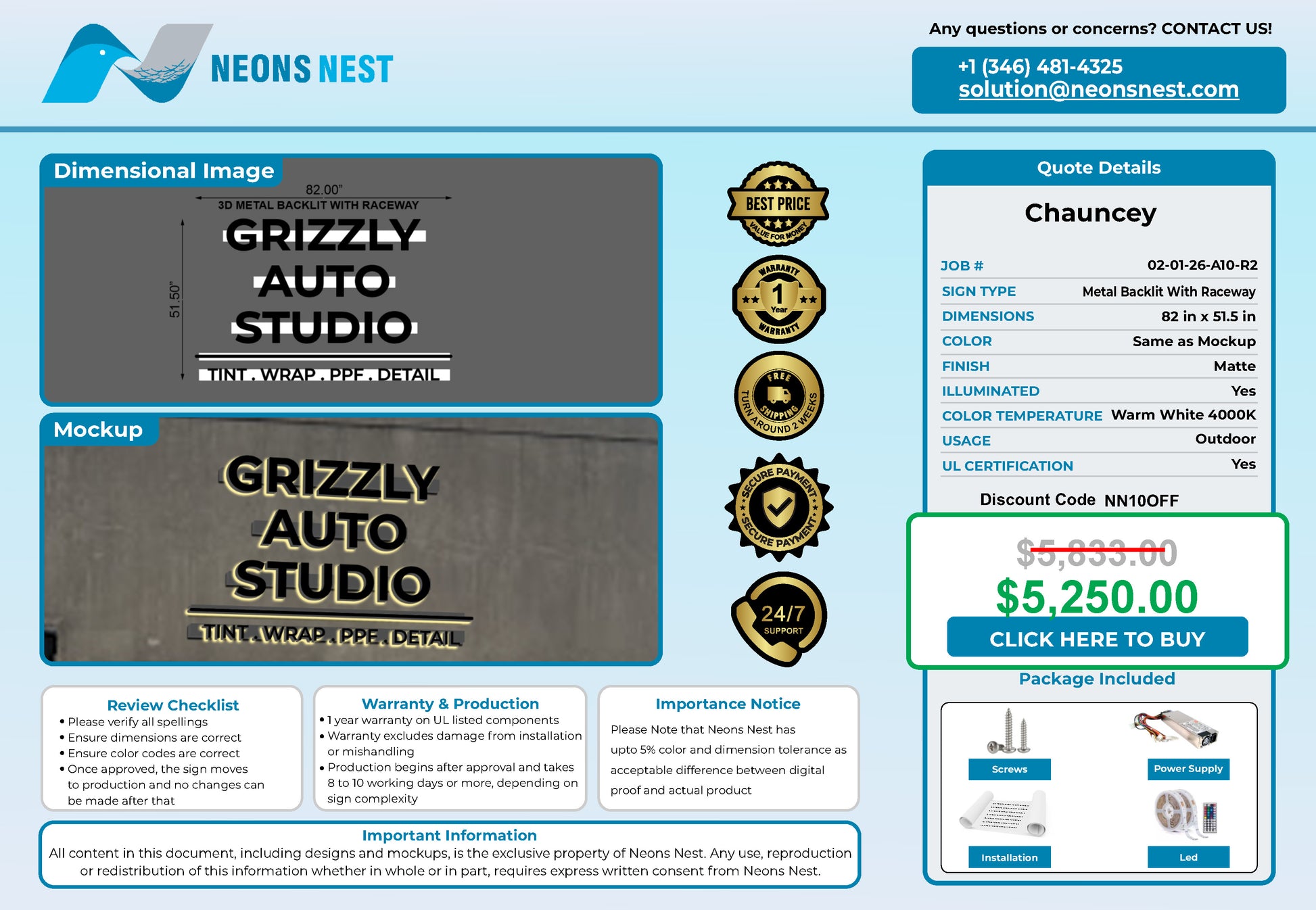 Grizzly Auto Studio 3D Metal Backlit Sign - Neonsnest.com