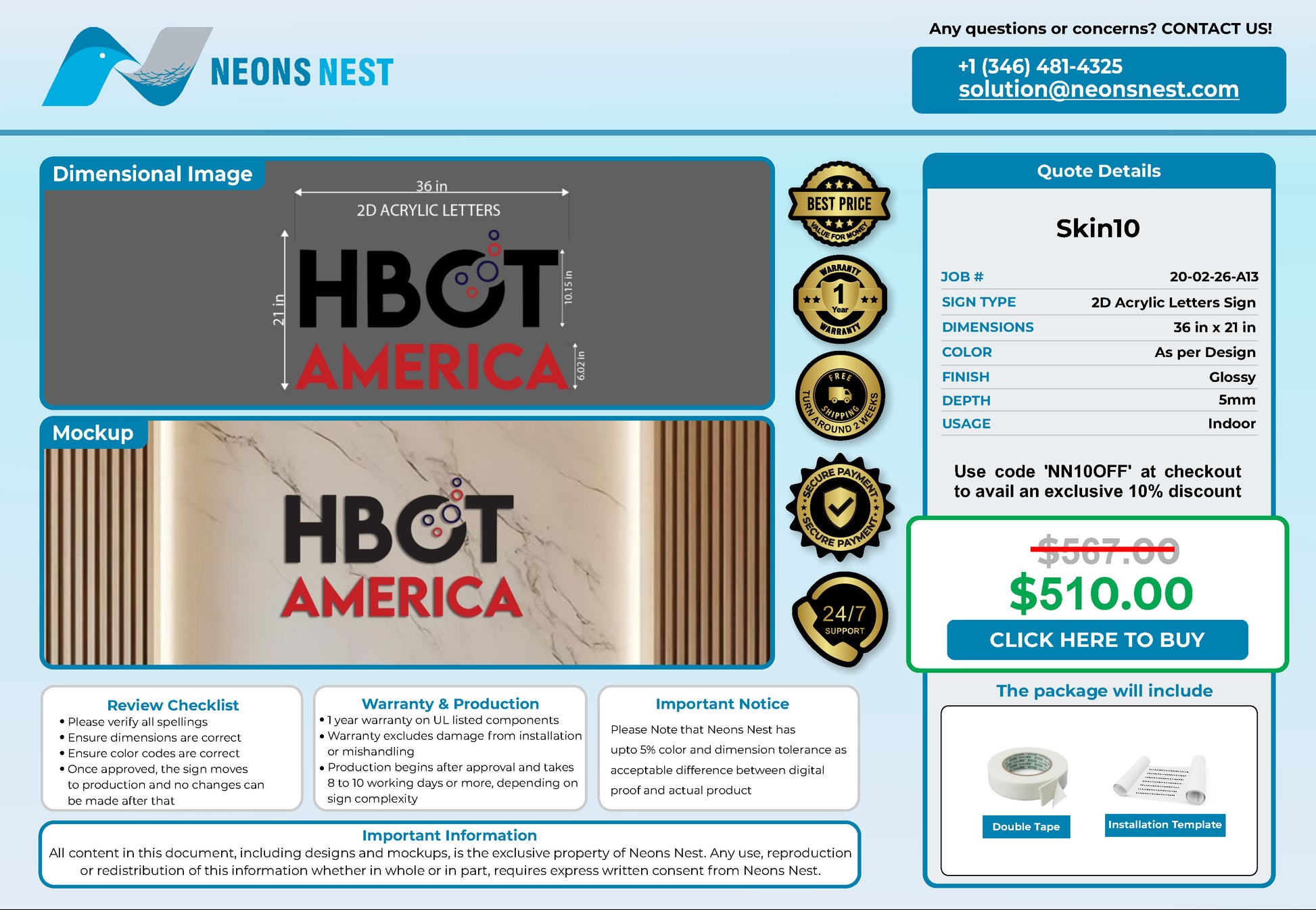 HBOT America 2D Acrylic Letters - Neonsnest.com