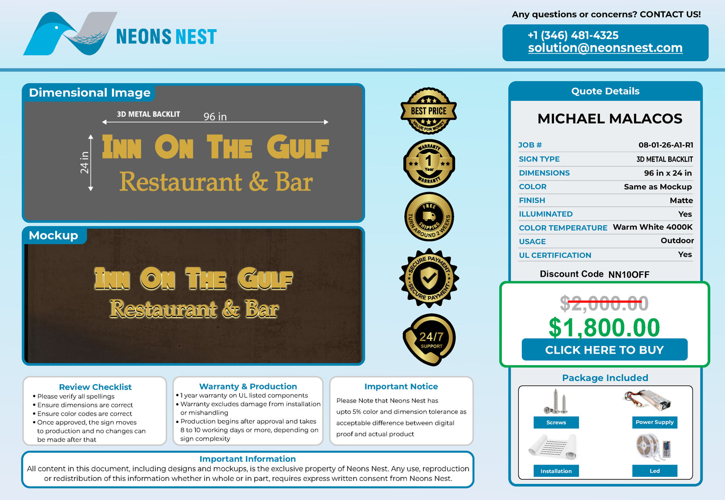 INN ON THE GULF 3D Metal Backlit Sign