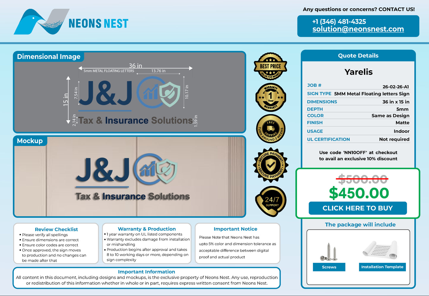 J&J tax service 5mm Metal Floating Letters (2D) - Neonsnest.com