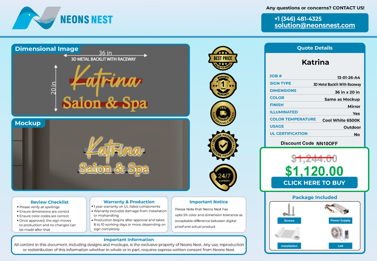 Katrina Salon & Spa 3D Metal Backlit Sign
