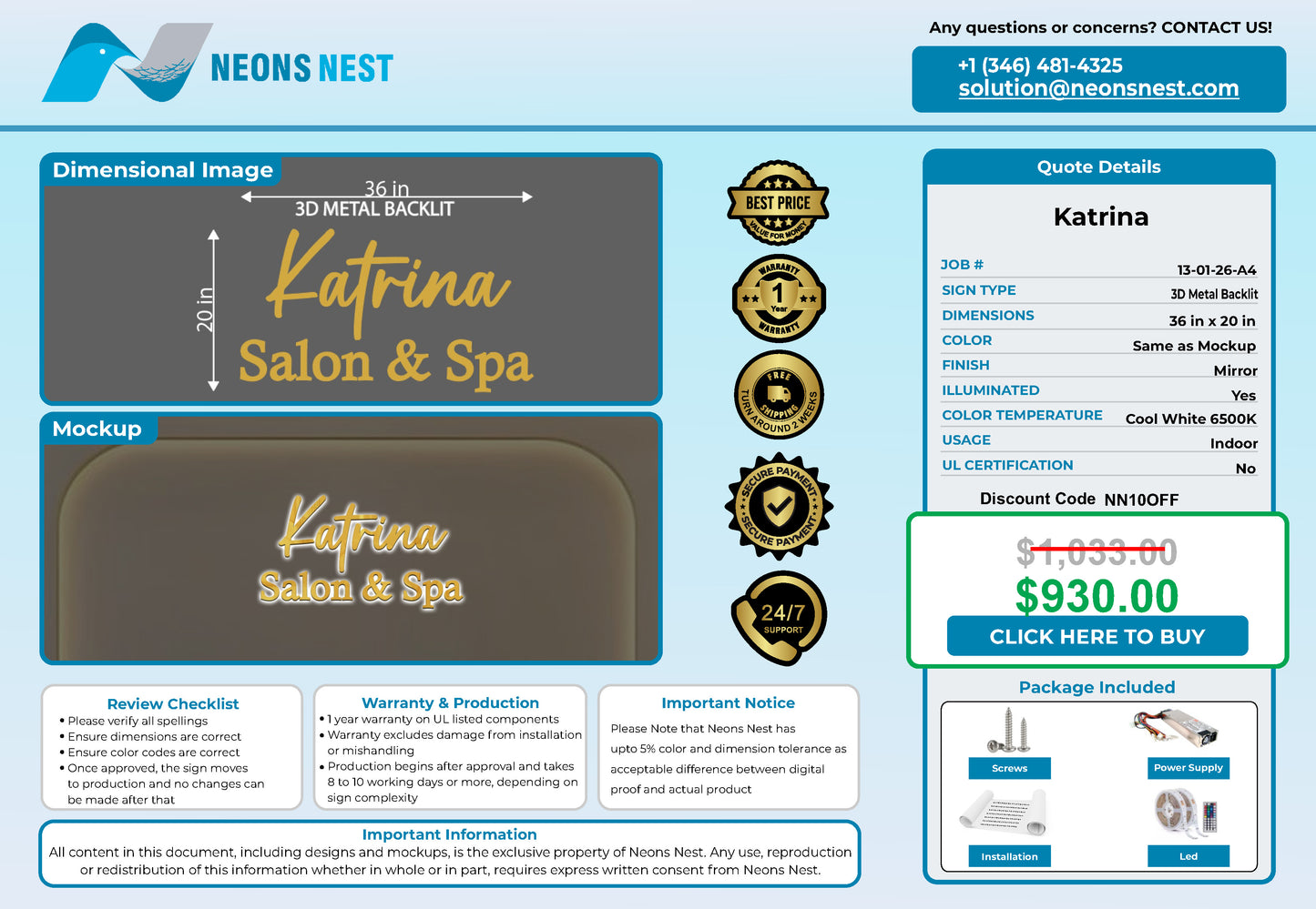 Katrina Salon & Spa 3D Metal Backlit Sign