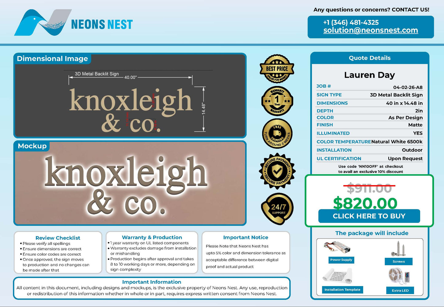 Knoxleigh & co. 3D Metal Backlit Sign for Outdoor