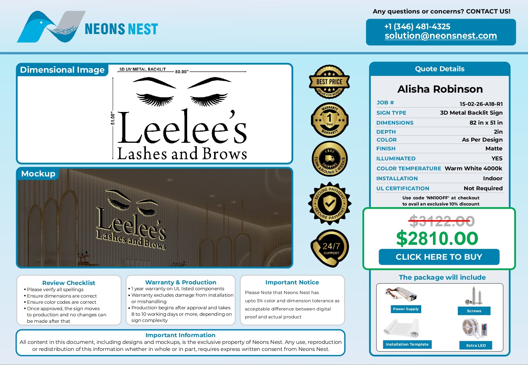 3D Metal Backlit Sign-LeeLee's Lashes & Brows - Neonsnest.com
