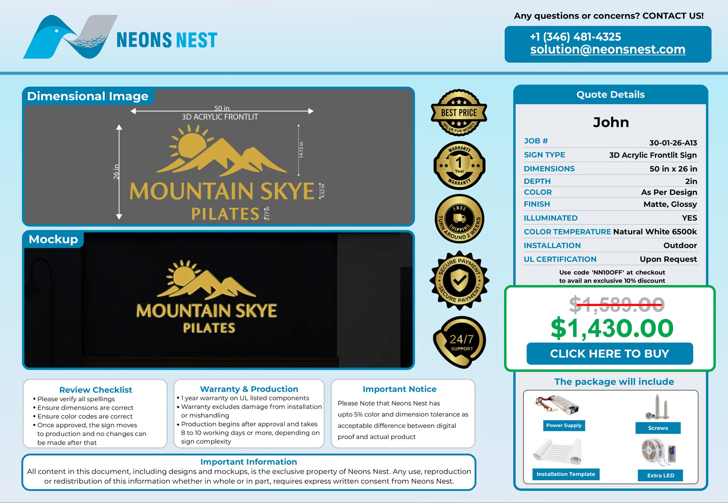 Mountain Skye Pilates 3D Front-Lit & Back-Lit Sign