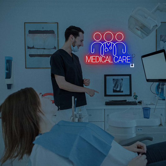 LED medical neon sign glowing on clinic wall