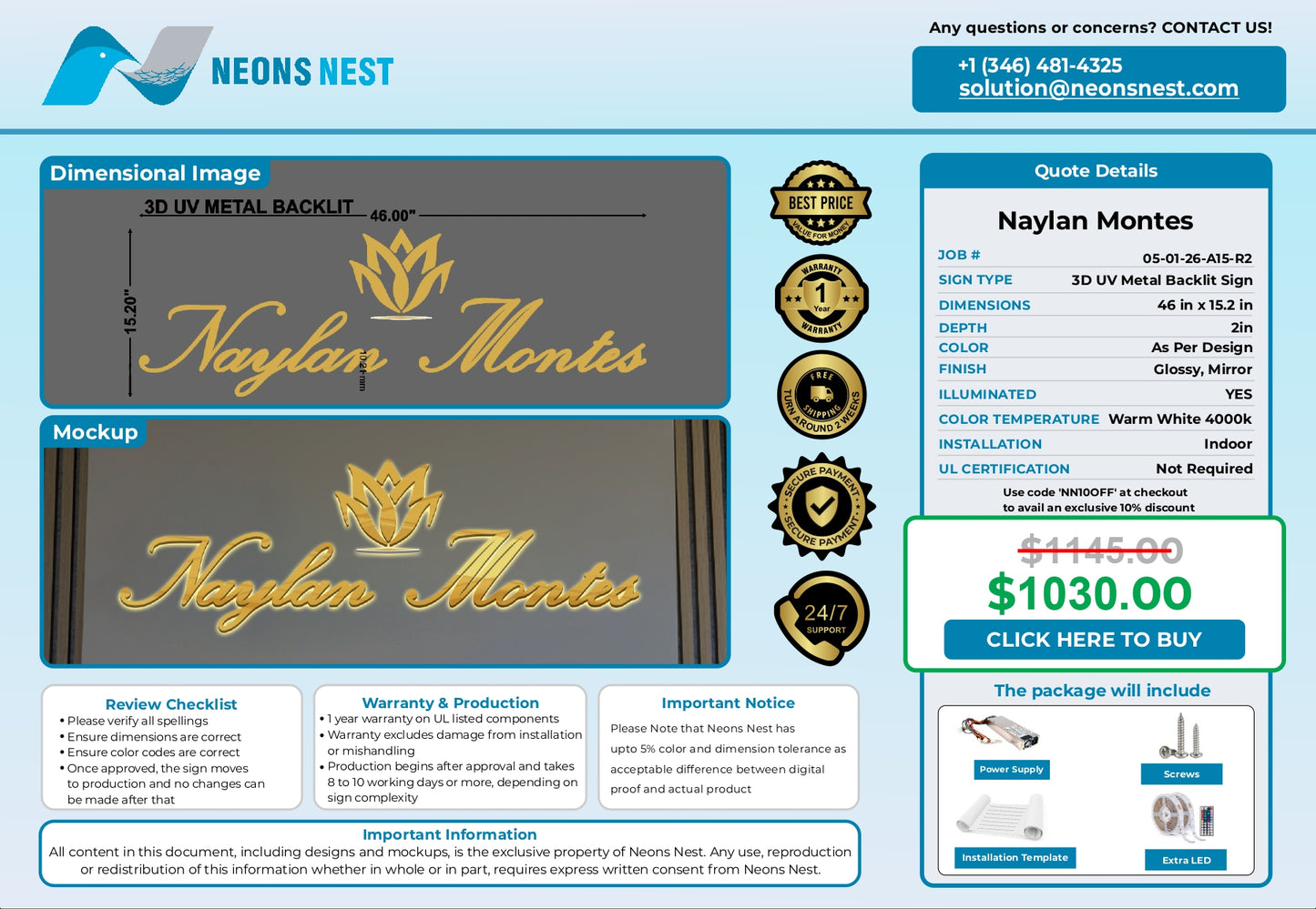 3D UV Metal Backlit Sign-Naylan Montes wellness Spa - Neonsnest.com