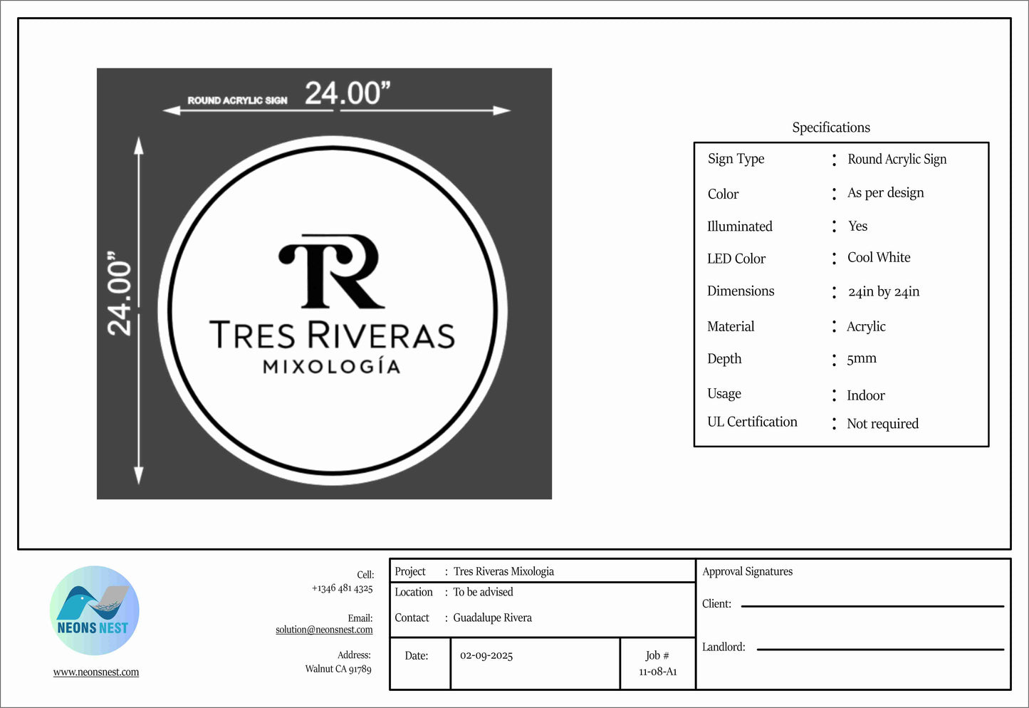 Round Acrylic Sign for Tres Riveras - Neonsnest.com