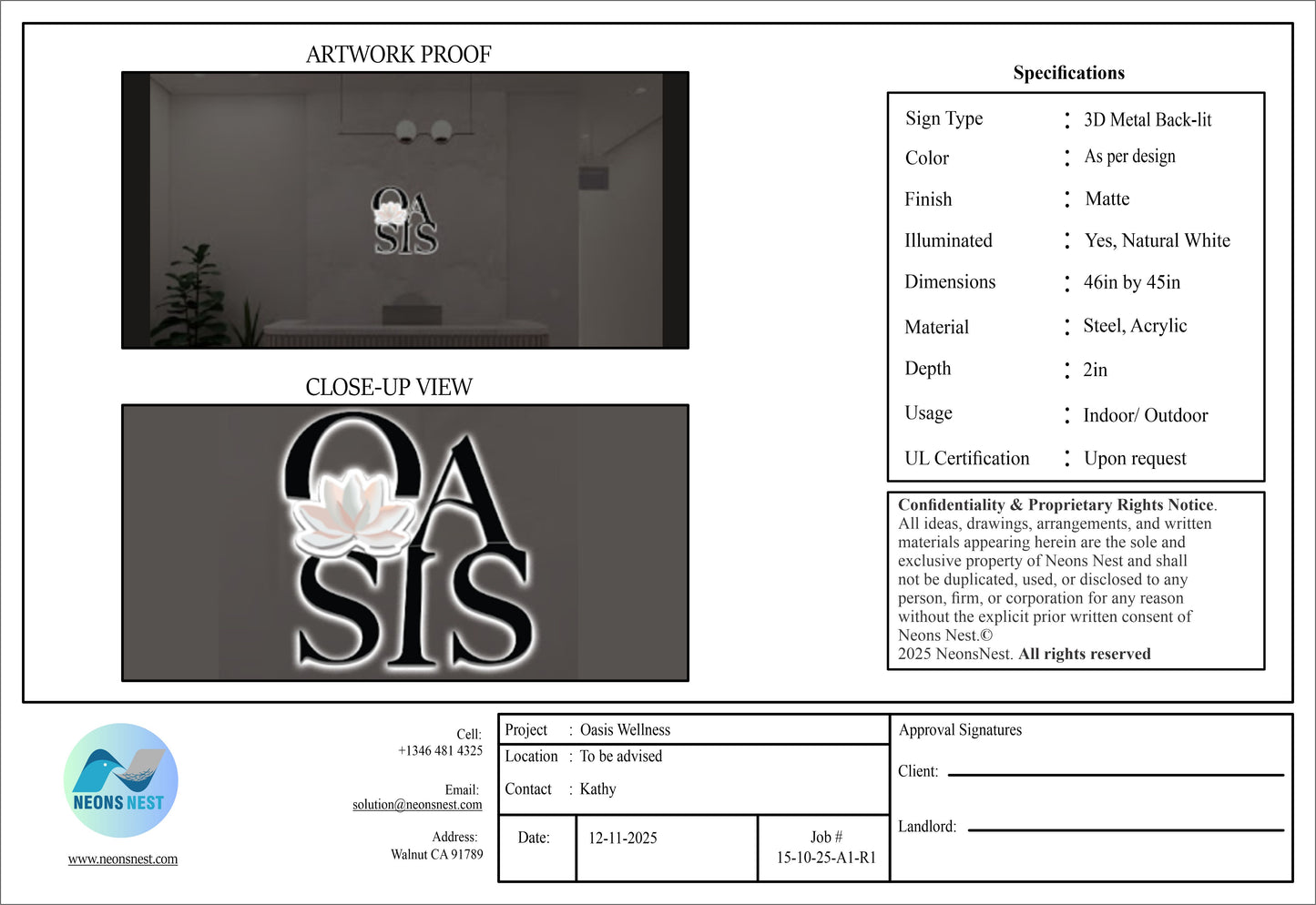 Metal Backlit Sign for Oasis