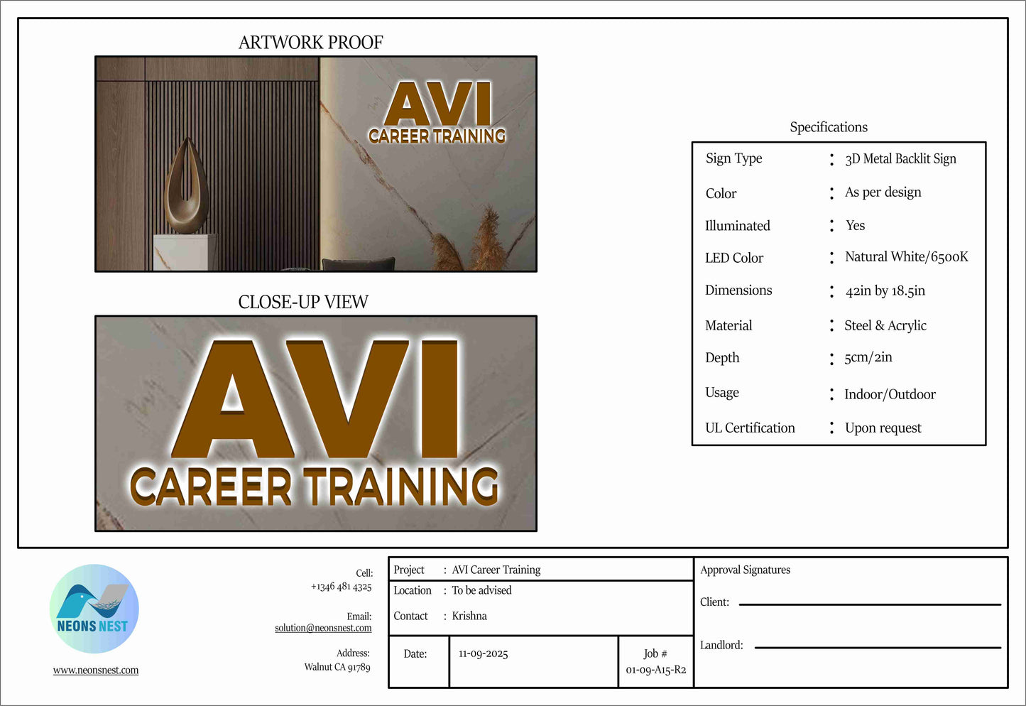 3D Metal Backlit Sign for AVI Career Training