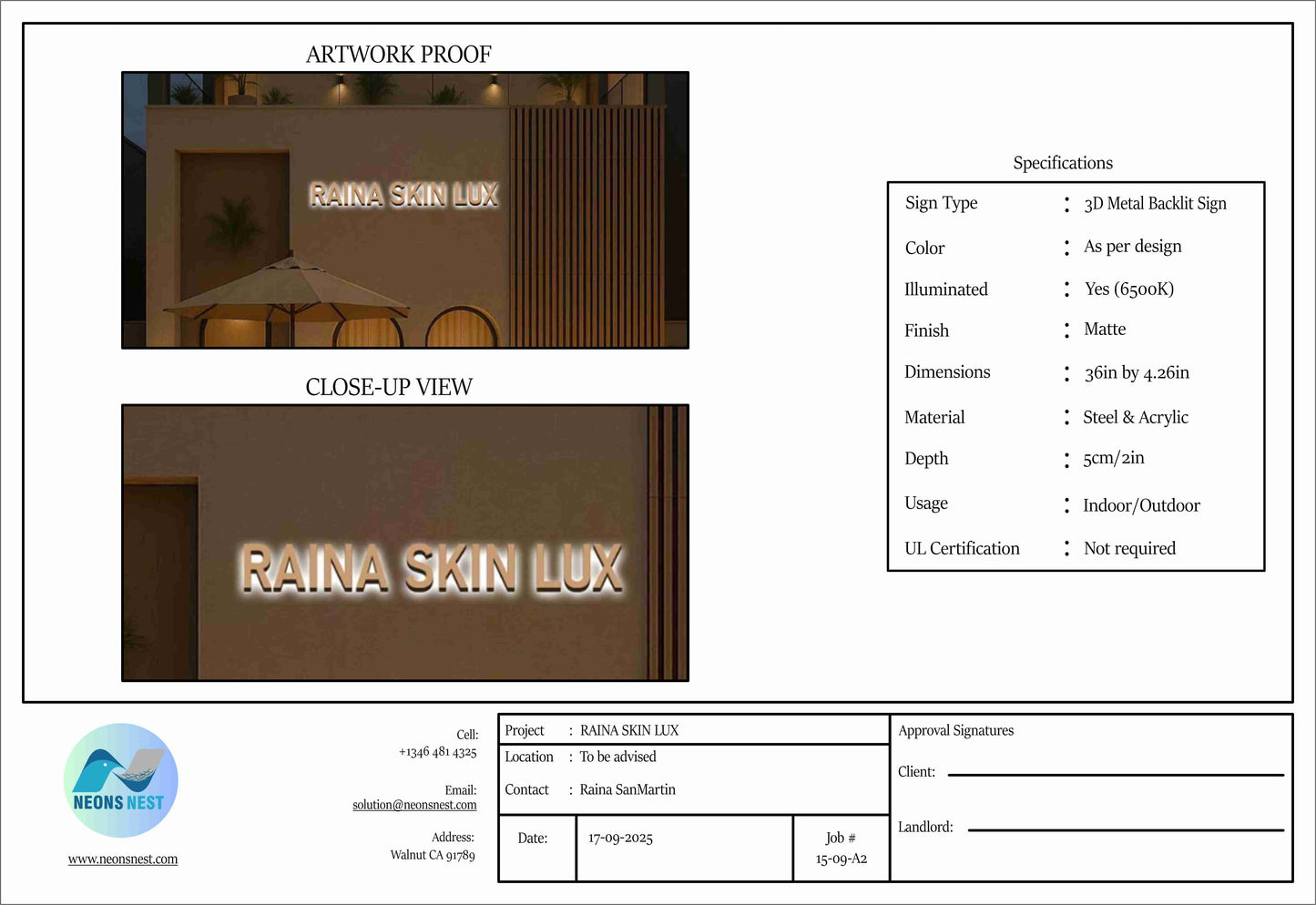 3D Metal Backlit Sign For Raina Skin Lux