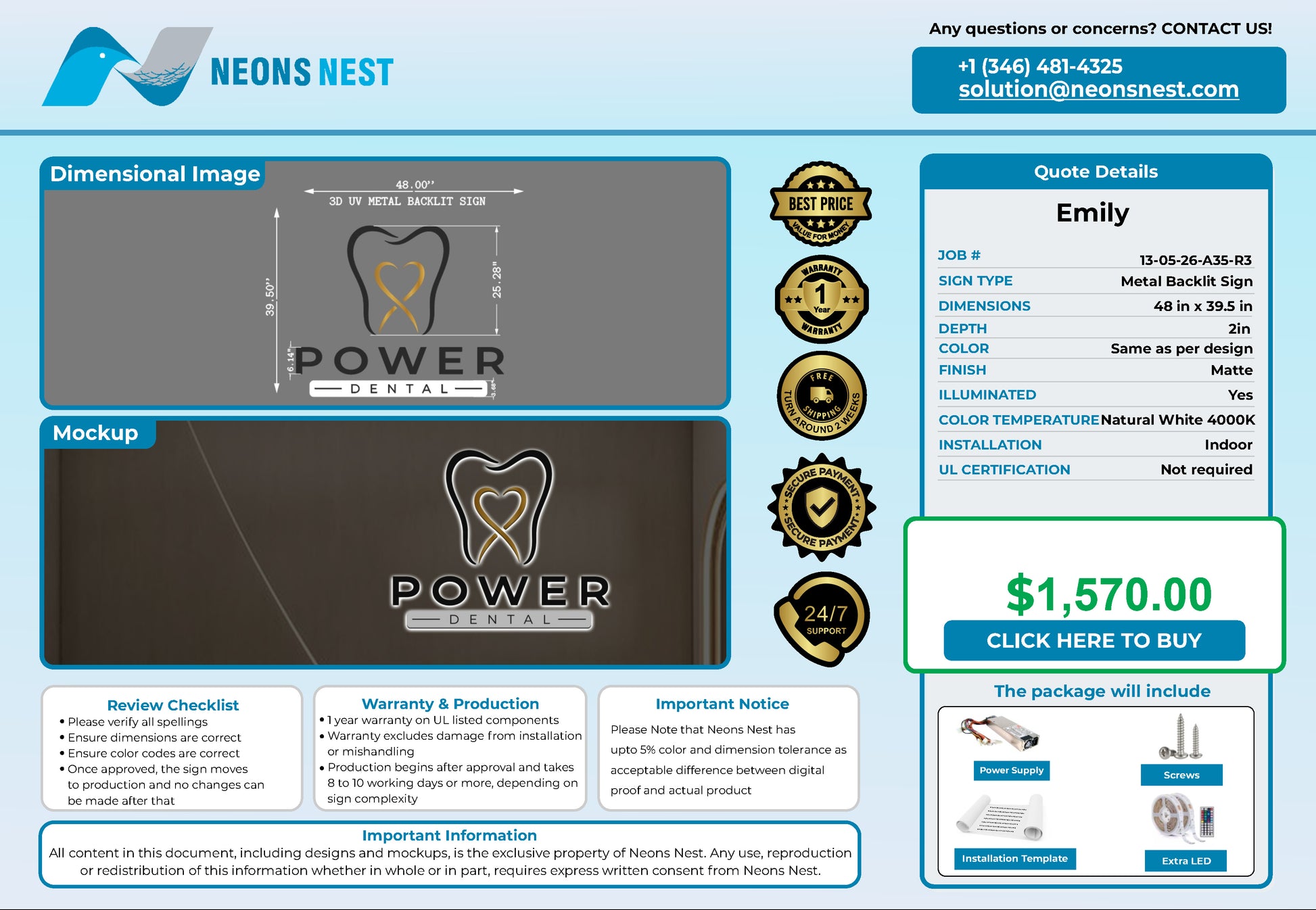 Power Dental 3D UV Metal Backlit Sign - Neonsnest.com