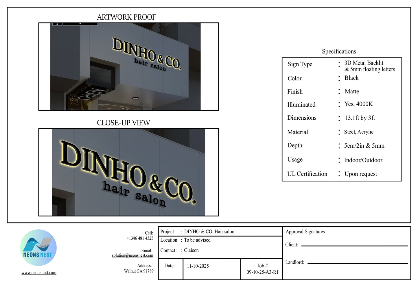 Dinho & Co 3D Metal Backlit Sign