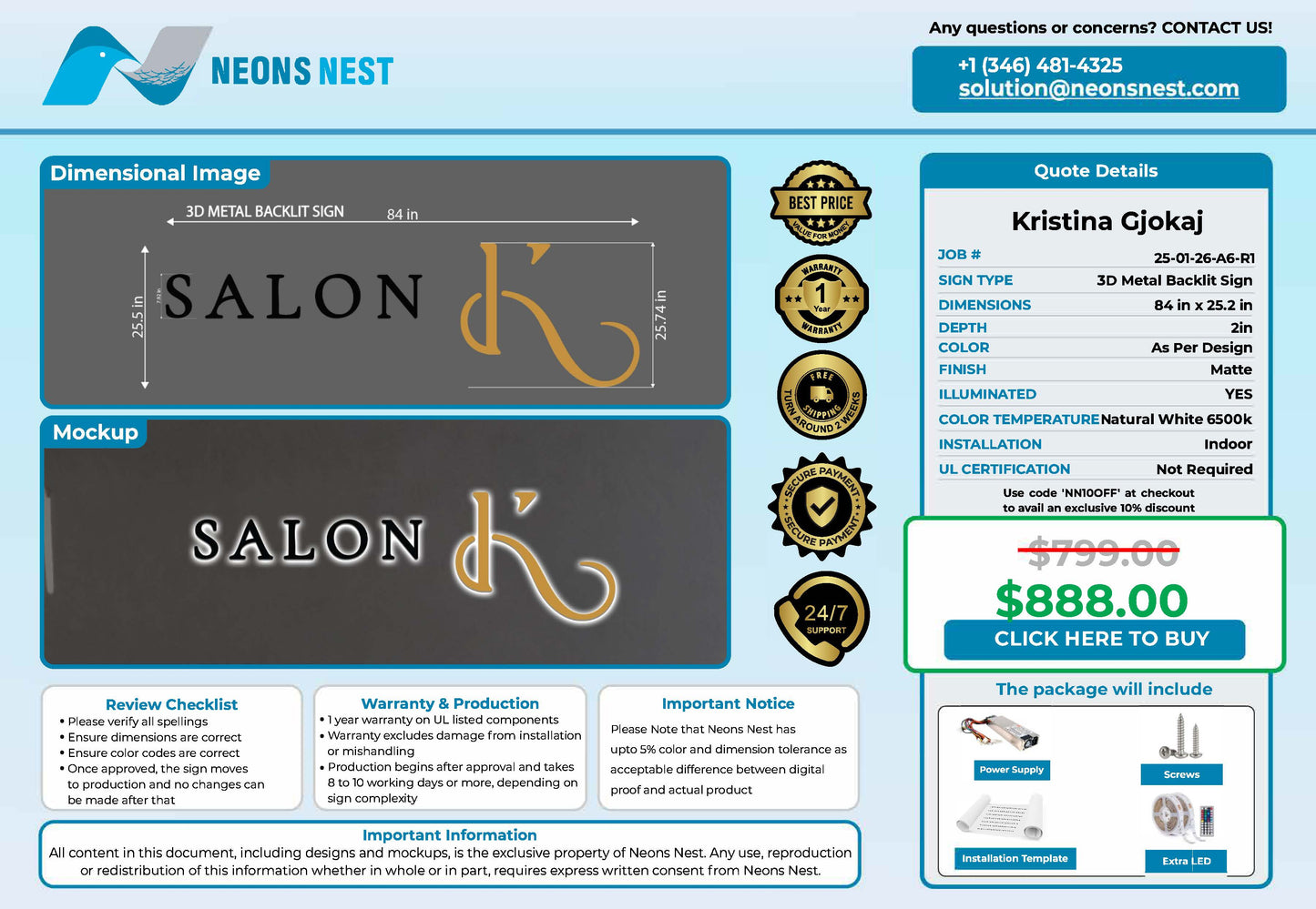 Salon K 3D Metal Backlit Sign